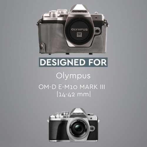  MegaGear Olympus OM-D E-M10 Mark III (14-42mm) Ever Ready Leather Camera Case and Strap, with Battery Access - Gray - MG1348