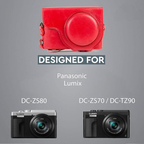  MegaGear MG1262 Ever Ready Leather Camera Case compatible with Panasonic Lumix DC-ZS80, DC-ZS70, DC-TZ95, DC-TZ90 - Red