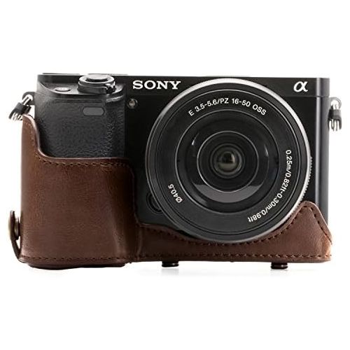  MegaGear Ever Ready Leather Camera Case ? Easy to Install, Tripod and Peripheral Friendly Accessory ? Compatible with Sony Alpha A6000, A6300 (Dark Brown)