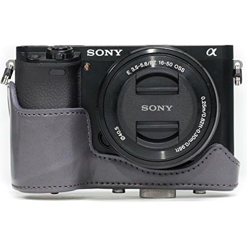  MegaGear Ever Ready Leather Camera Case ? Easy to Install, Tripod and Peripheral Friendly Accessory ? Compatible with Sony Alpha A6000, A6300 (Grey)