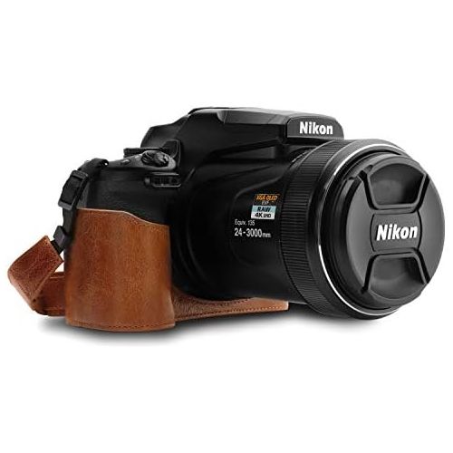  MegaGear MG1534 Nikon Coolpix P1000 Ever Ready Leather Camera Half Case and Strap - Dark Brown, Compact