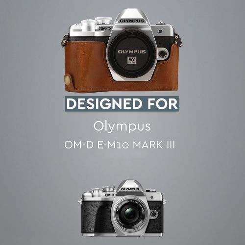  MegaGear MG1352 Olympus OM-D E-M10 Mark III Ever Ready Leather Camera Half Case and Strap, with Battery Access, Light Brown