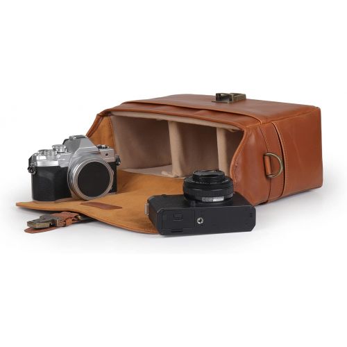  MegaGear MG1525 Leather Camera Messenger Bag for Mirrorless, Instant and DSLR Cameras - Light Brown, Compact