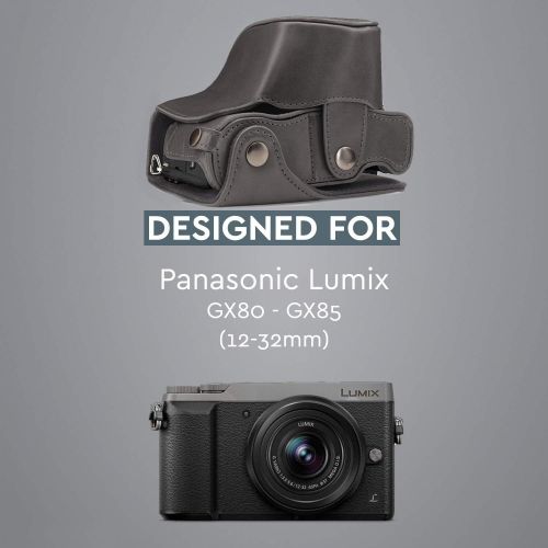  MegaGear MG1706 Ever Ready Leather Camera Case compatible with Panasonic Lumix DMC-GX85, DMC-GX80 (12-32mm) - Gray