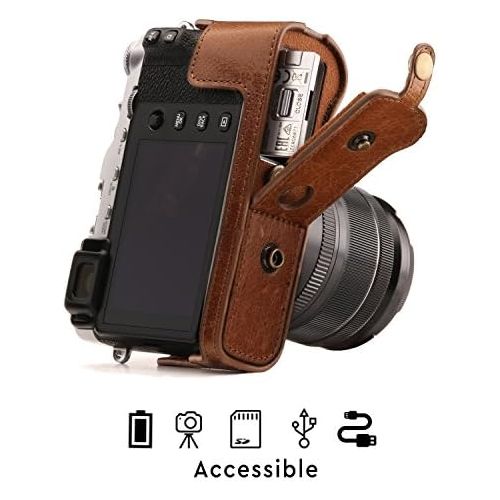  MegaGear MG1340 Ever Ready Genuine Leather Camera Case & Strap for Fujifilm X-E3 (23mm & 18-55mm) with Battery Access, Light Brown