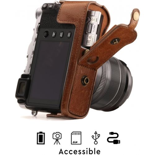  MegaGear MG1340 Ever Ready Genuine Leather Camera Case & Strap for Fujifilm X-E3 (23mm & 18-55mm) with Battery Access, Light Brown