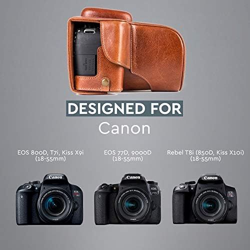  MegaGear MG1193 Ever Ready Genuine Leather Camera Case Compatible with Canon EOS Rebel T8i, Kiss X10i, Rebel T7i, Kiss X9i, 77D, 9000D (18-55mm), Dark Brown