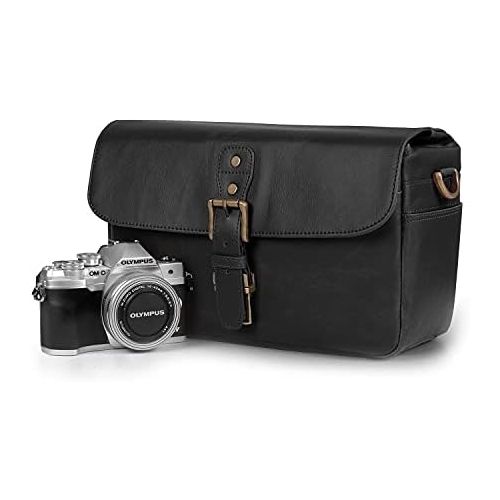  MegaGear MG1524 Leather Camera Messenger Bag for Mirrorless, Instant and DSLR Cameras - Black, Compact