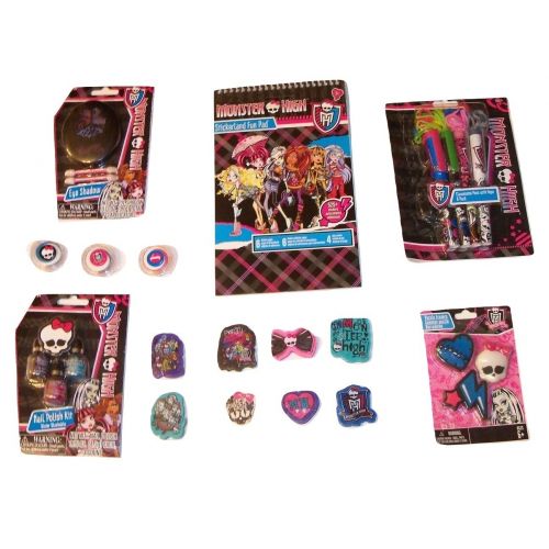  Meggans Warehouse Monster High Activity Gift Set ~ Brainy Chicks Rule (Stickerland Fun Pad, Clawesome Pens with Rope, Eraser 8 Pack, Eye Shadow, Healing Heart Eraser Set, Nail Polish Kit, Lip Kit; 7