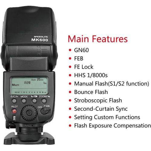  Meike MK600 High Speed Sync TTL Speedlight Camera Flash Compatible with DSLR Cameras 1300D 70D 6D 5DII 5DIII 7D 60D 550D 600D 650D 800D 4000D,etc