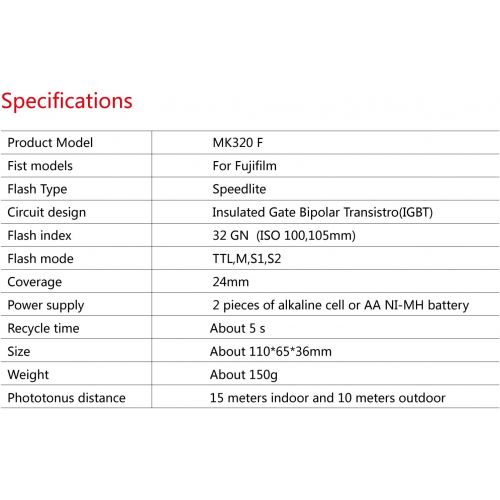  MEIKE MK-320F Speedlite TTL Master Flash for Fujifilm Camera X-M1 X-T1 X-Pro1 X-A1 X-A2 X-E1 X-E2 X30 X100T X100S S1 SL1000 etc