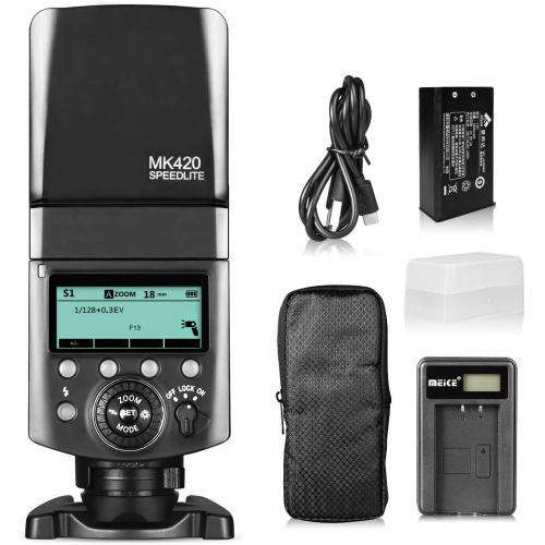  Meike MK420N TTL Li-ion Battery Camera Flash Speedlite with LCD Display Compatible with Nikon D850 D810 D3400 D3300 D3500 Z6 Z7 and Other DSLR Cameras + Lithium Battery +Diffuser+B