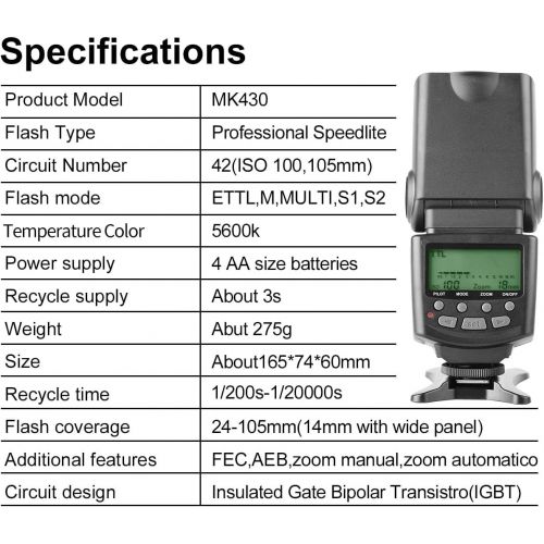  [아마존베스트]Meike MK430 E-TTL Speedlite Shoe Mount Flash for Canon 70D 77D 80D Rebel T7i T6i T6s T6 T5i T5 T4i T3i SL2 and Other Canon DSLR Cameras