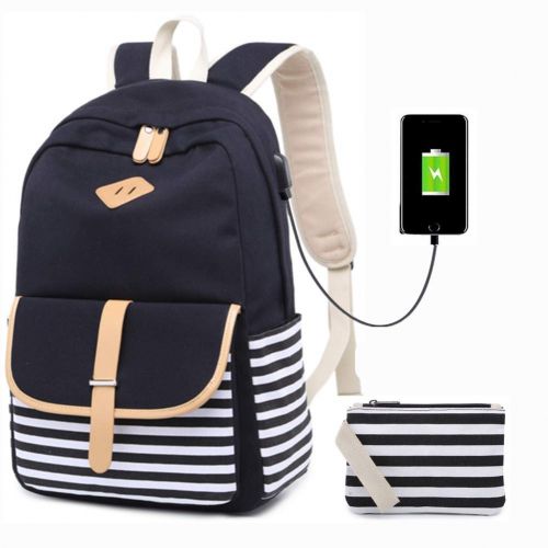  Meisohua Canvas School Backpack USB College Bookbag 15.6 inch Laptop Backpack with USB Charging Port