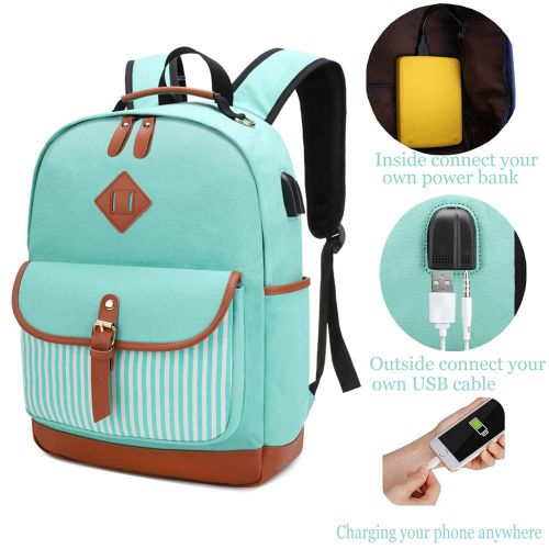  Meisohua Girls School Backpacks Set Canvas Backpack with USB Charg Port Women Laptop Bags Bookbags with Lunch Bag (Green Set)