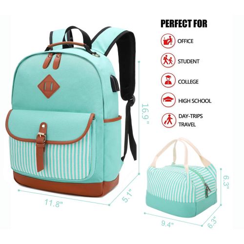  Meisohua Girls School Backpacks Set Canvas Backpack with USB Charg Port Women Laptop Bags Bookbags with Lunch Bag (Green Set)