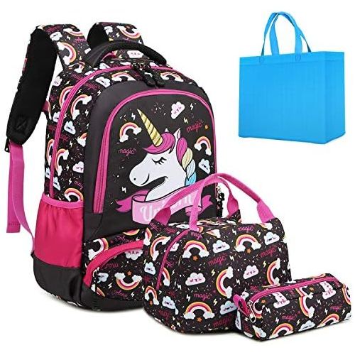  [아마존베스트]Meisohua Girls School Backpack Unicorn Backpack for Girls Elementary School Bookbags for Kids Water Resistant School Bag with Lunch Tote Bag Pencil Purse Bag 3 in 1 Sets