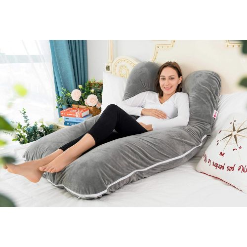  [아마존베스트]Meiz U Shaped Pregnancy Body Pillow with Zipper Removable Cover (Gray- Velvet)