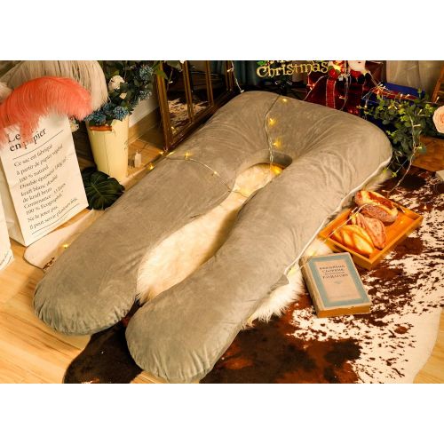  [아마존베스트]Meiz U Shaped Pregnancy Body Pillow with Zipper Removable Cover (Gray- Velvet)