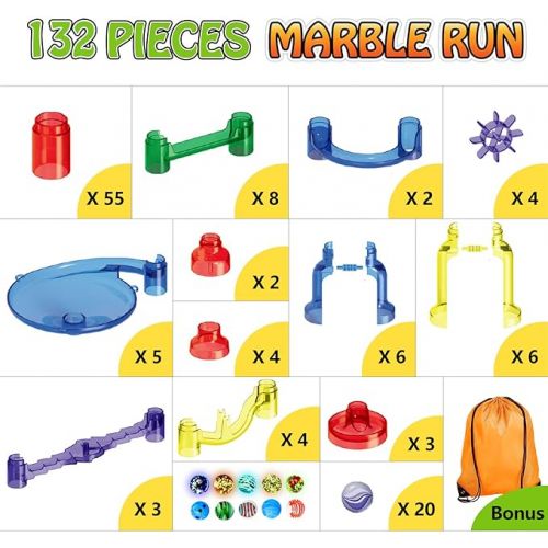  Meland Marble Run - 132Pcs Marble Maze Game Building Toy for Kid, Marble Track Race Set&STEM Learning Toy Gift for Boy Girl Age 4 5 6 7 8 9+ (102 Translucent Marbulous Pcs & 30 Glass Marbles)