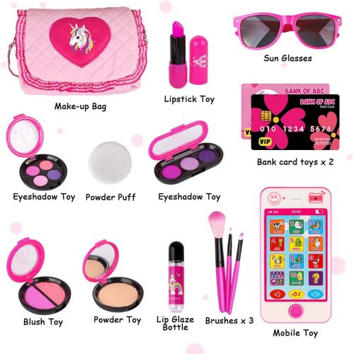  [아마존 핫딜] [아마존핫딜]Meland Kids Makeup Kit - Girl Pretend Play Makeup & My First Purse Toy for Toddler Gifts Including Pink Princess Purse, Smartphone, Sunglasses, Credit Card, Lipstick, Brush, Lights Up & M