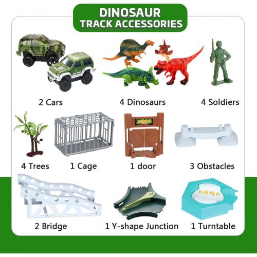  [아마존베스트]Meland Dinosaur Race Track Car Toy Set - 192pcs Flexible Trains Tracks Playset Gifts for 3 4 5 6 7 8 Year Old Boys with 4 Dinosaurs, 2 Race Cars