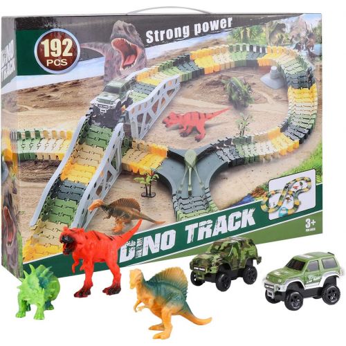  [아마존베스트]Meland Dinosaur Race Track Car Toy Set - 192pcs Flexible Trains Tracks Playset Gifts for 3 4 5 6 7 8 Year Old Boys with 4 Dinosaurs, 2 Race Cars