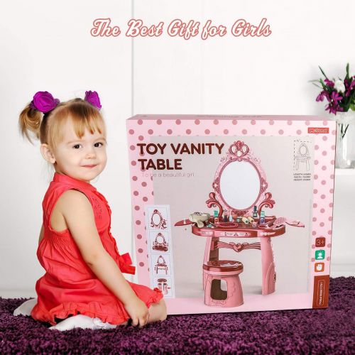  Meland Toddler Vanity Set Kids Toy Vanity Table for Little Girls with Sound and Light Mirror and Beauty Accessories, Birthday Toys for Little Princess Pretend Play