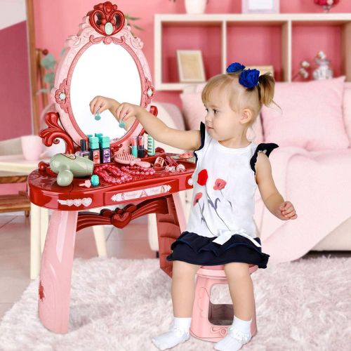  Meland Toddler Vanity Set Kids Toy Vanity Table for Little Girls with Sound and Light Mirror and Beauty Accessories, Birthday Toys for Little Princess Pretend Play
