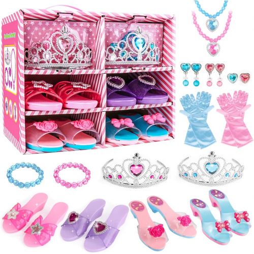  Meland Princess Dress Up Shoes and Jewelry Boutique 4 Pairs of Play Shoes and Pretend Jewelry Toys Princess Accessories Play Gift Set for Toddlers Little Girls Aged 3,4,5,6 Years