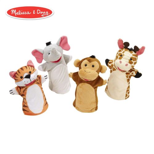  Melissa & Doug Zoo Friends Hand Puppets, Puppet Sets, Elephant, Giraffe, Tiger, and Monkey, Soft Plush Material, Set of 4, 14” H x 8.5” W x 2” L