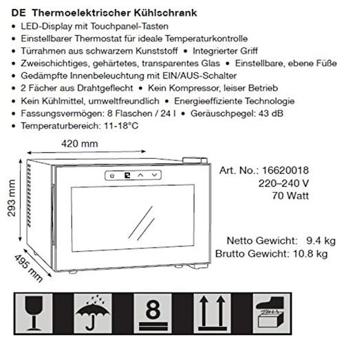  Melissa 16620018 Wein-Kuehler Deluxe fuer 8 Flaschen Getranke-Kuehlschrank schwarz mit LED Display Energieklasse A