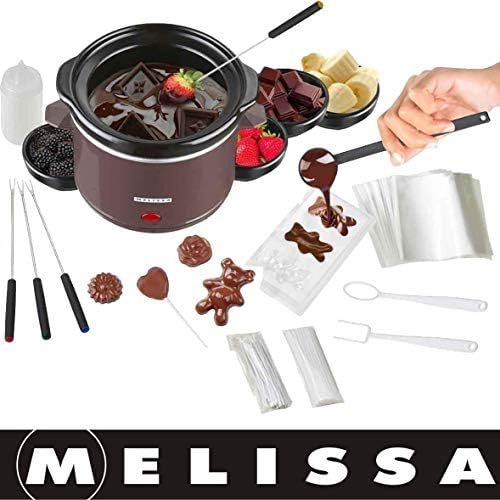  Melissa 16310178 Schokoladen-Fondue-Set, Schokoschmelzer, viel Zubehoer, 4 Personen,Keramiktopf,70 Watt,Pralinen,Geschenk, ceramic, braun