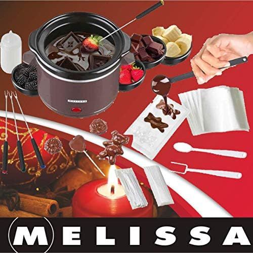  Melissa 16310178 Schokoladen-Fondue-Set, Schokoschmelzer, viel Zubehoer, 4 Personen,Keramiktopf,70 Watt,Pralinen,Geschenk, ceramic, braun