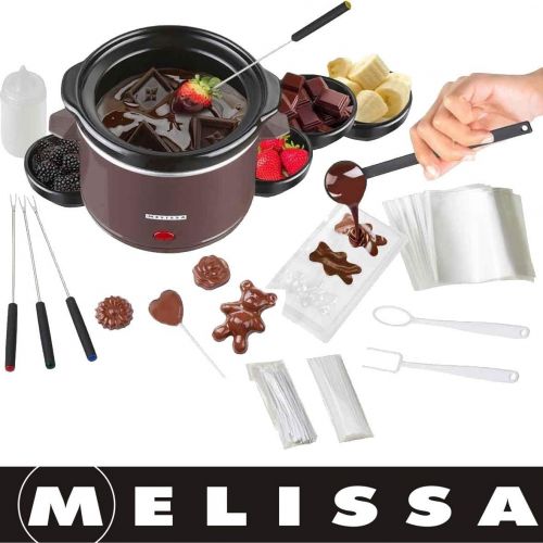  Melissa 16310178 Schokoladen-Fondue-Set, Schokoschmelzer, viel Zubehoer, 4 Personen,Keramiktopf,70 Watt,Pralinen,Geschenk, ceramic, braun