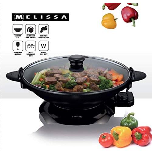  Melissa 16310207, Elektrowok, Elektrischer Wok mit Thermostat, antihaftbeschichtet, 1.500 Watt, 4,5 Liter (Elektropfanne), glass