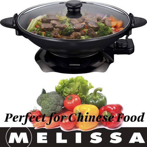  Melissa 16310207, Elektrowok, Elektrischer Wok mit Thermostat, antihaftbeschichtet, 1.500 Watt, 4,5 Liter (Elektropfanne), glass