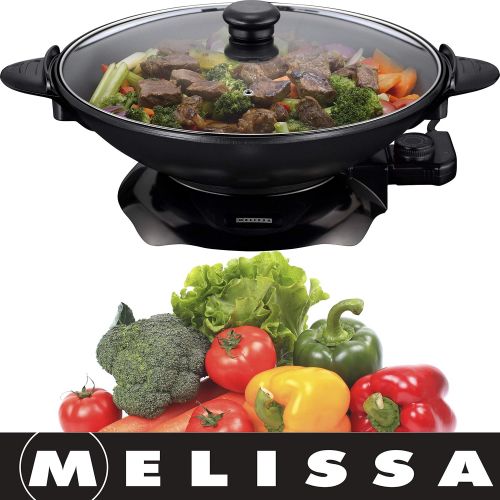  Melissa 16310207, Elektrowok, Elektrischer Wok mit Thermostat, antihaftbeschichtet, 1.500 Watt, 4,5 Liter (Elektropfanne), glass