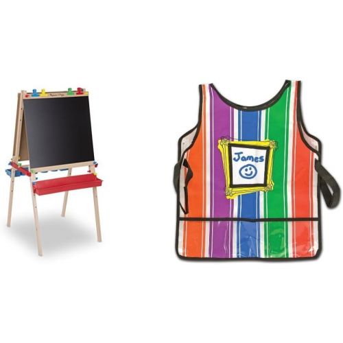  Thames & Kosmos Melissa & Doug Deluxe Standing Art Easel - Dry-Erase Board, Chalkboard, Paper Roller with Melissa & Doug Art Essentials Artist Smock - One Size Fits All Bundle