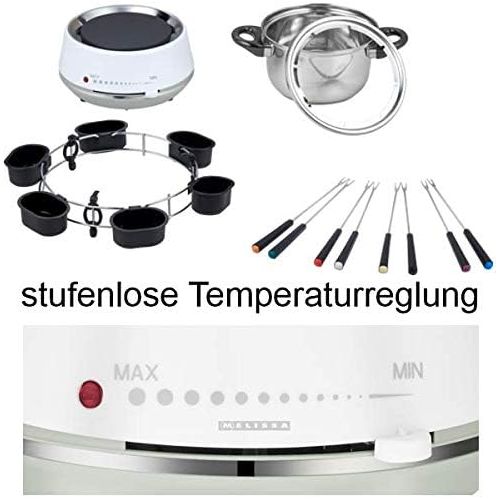  MELISSA 16310230 Electric Fondue for 8 People, 2 Litres, Meat, Chocolate, Cheese Fondue, 1200 Watt, Sauce Ring, Smooth Temperature Adjustment, White, Stainless Steel