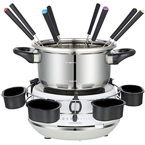  MELISSA 16310230 Electric Fondue for 8 People, 2 Litres, Meat, Chocolate, Cheese Fondue, 1200 Watt, Sauce Ring, Smooth Temperature Adjustment, White, Stainless Steel