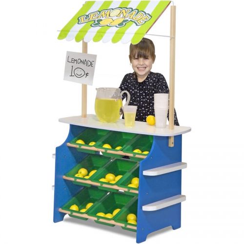 Melissa & Doug Wooden Grocery Store and Lemonade Stand - Reversible Awning, 9 Bins, Chalkboards