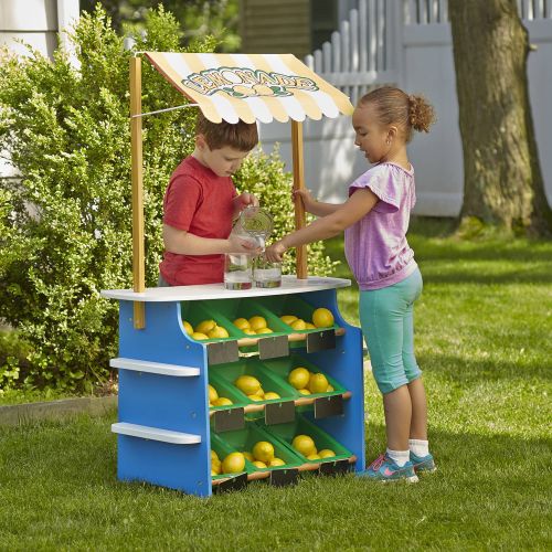  Melissa & Doug Wooden Grocery Store and Lemonade Stand - Reversible Awning, 9 Bins, Chalkboards