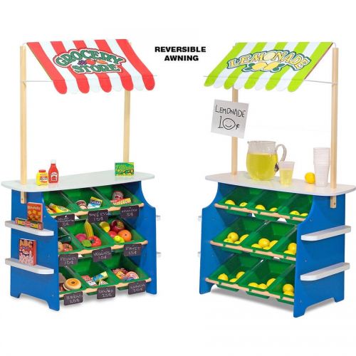  Melissa & Doug Wooden Grocery Store and Lemonade Stand - Reversible Awning, 9 Bins, Chalkboards