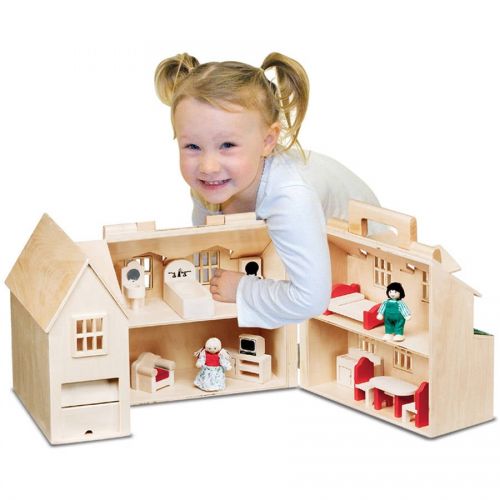  Melissa & Doug Fold & Go Wooden Dollhouse with 2 Play Figures and 11 Pieces of Furniture