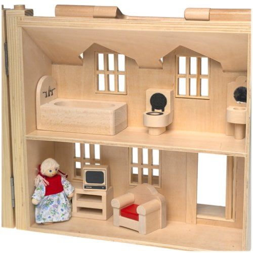  Melissa & Doug Fold & Go Wooden Dollhouse with 2 Play Figures and 11 Pieces of Furniture