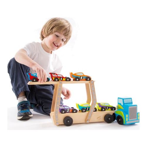  Melissa & Doug Mega Race-Car Carrier - Wooden Tractor and Trailer With 6 Unique Race Cars