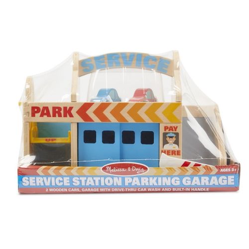  Melissa & Doug Service Station Parking Garage With 2 Wooden Cars and Drive-Thru Car Wash