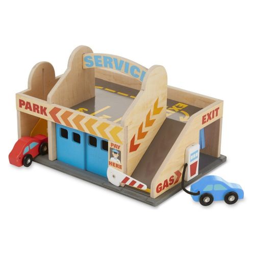  Melissa & Doug Service Station Parking Garage With 2 Wooden Cars and Drive-Thru Car Wash