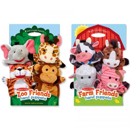  Melissa & Doug Animal Hand Puppets (Set of 2, 4 animals in each) - Zoo Friends and Farm Friends